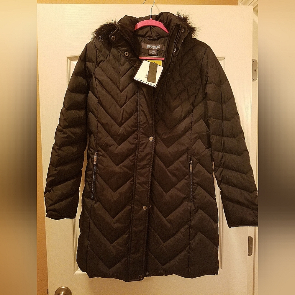 Kenneth Cole Reaction Women's Faux Fur Trim Hooded Puffer Coat Size Medium